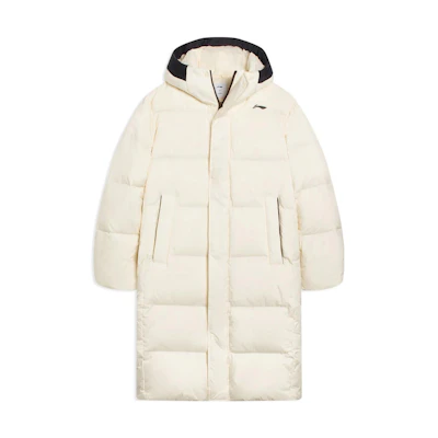 Li-Ning Fitness Series Long Hooded Down Jacket Swan White Logo Print. AYMS021-2