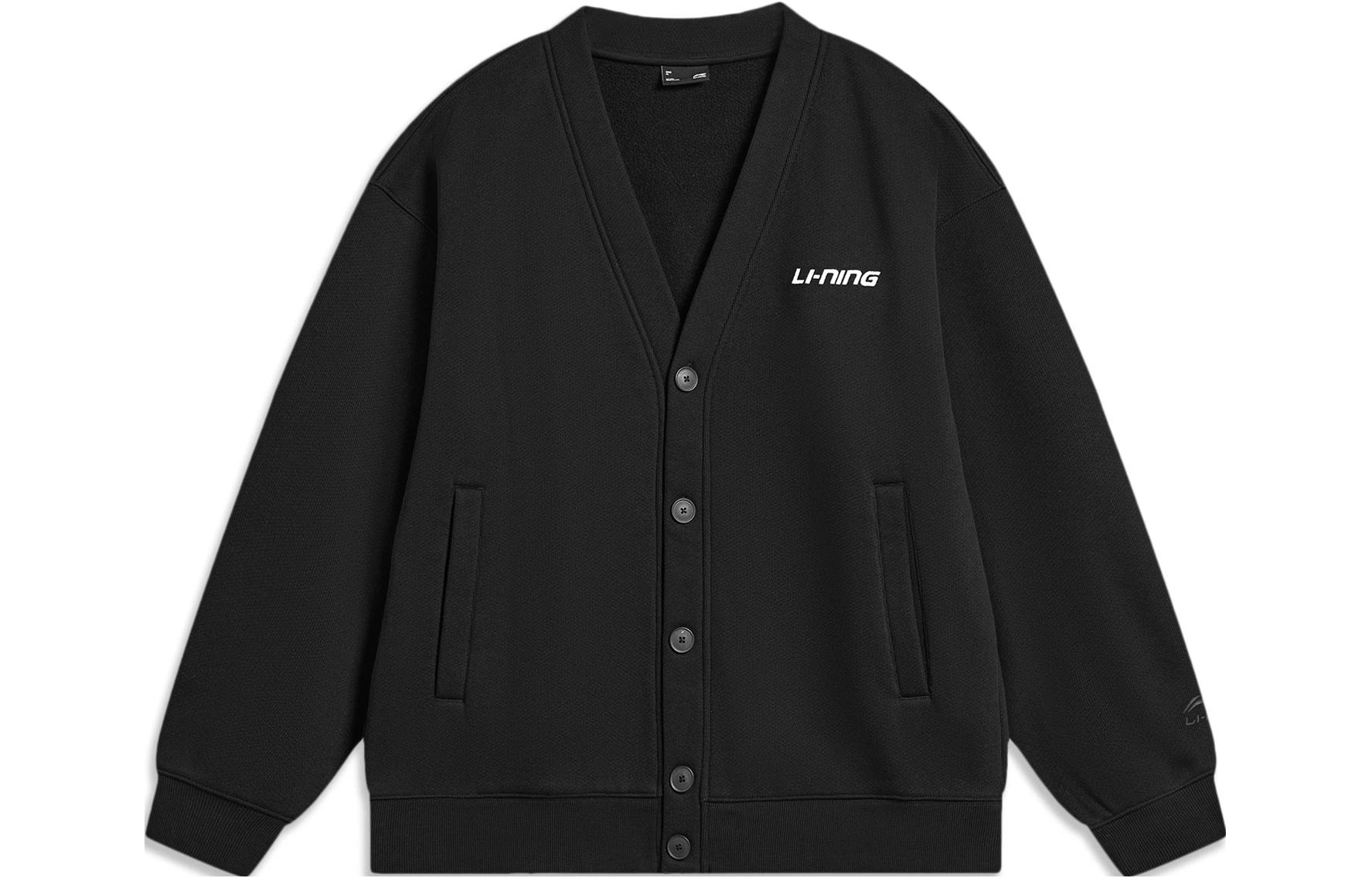 Li-Ning Fleece Logo Print Cardigan Hoodie Unisex Black - Active Lifestyle Series AWDTB65-4