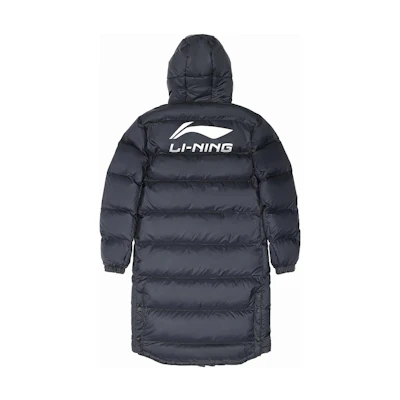 Li-Ning FW22 Black Hooded Long Down Jacket with Logo Print. AYMS197-1