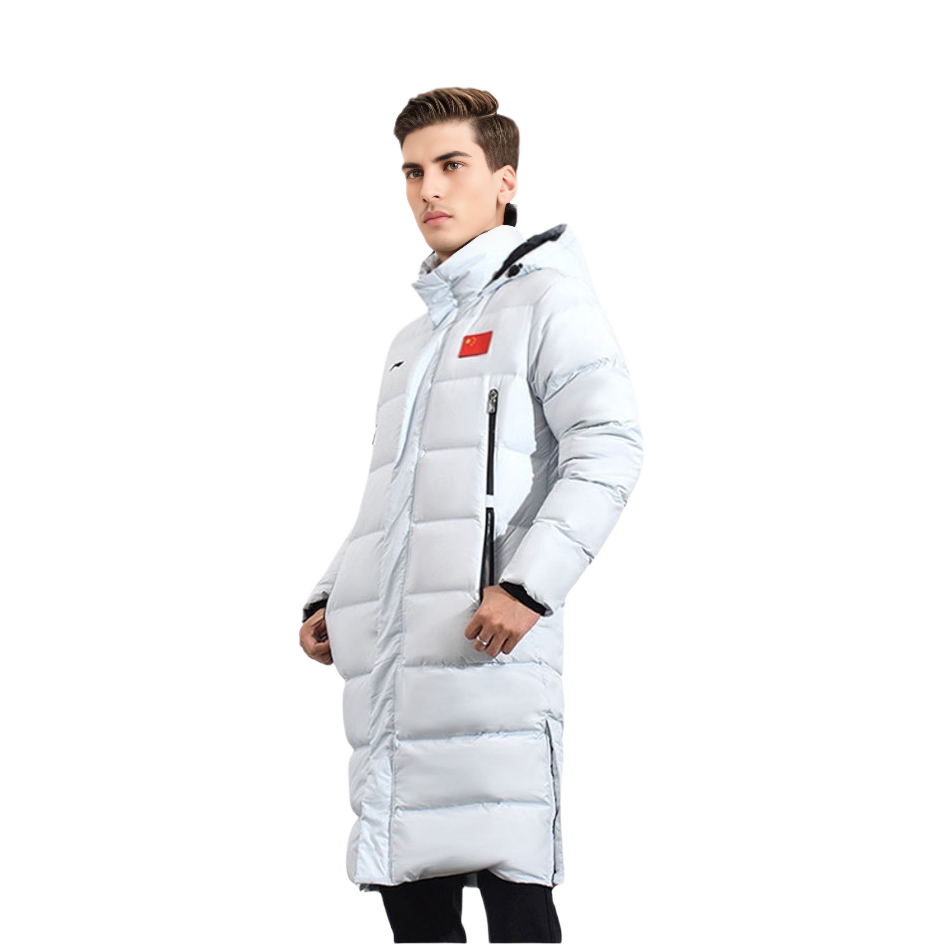 Shop Li-Ning Grey Long Down Jacket Winter Badminton Series Hooded Coat. AYMR113-1