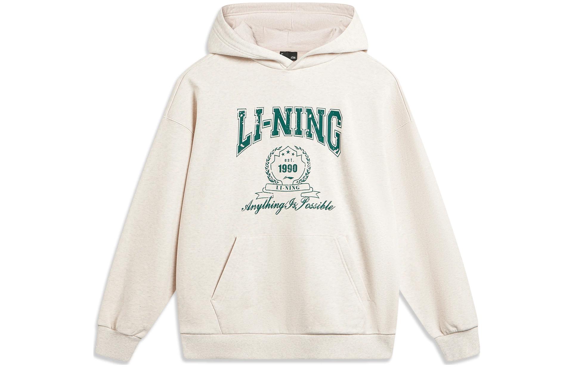 Li-Ning Letter Logo Printed Pullover Hoodie Unisex Light Gray AWDTB43-3
