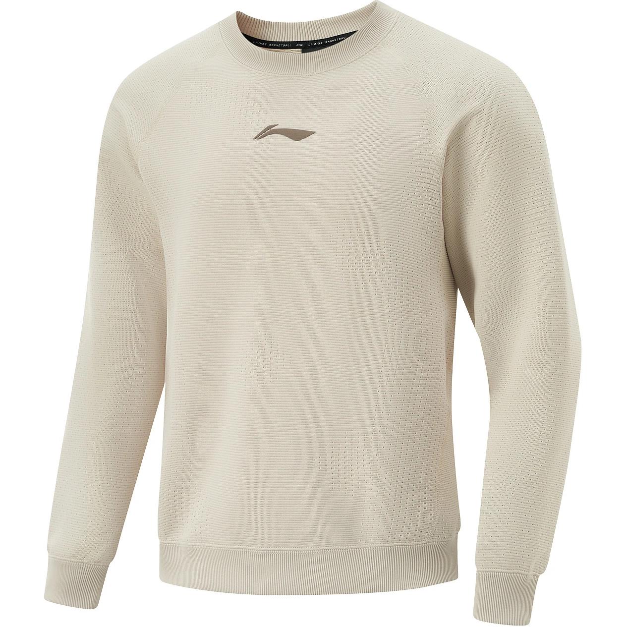 Li-Ning Logo Crewneck Basketball Sweatshirt Oatmeal Gray Breathable Casual AWDU523-3