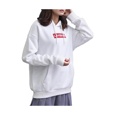 Li-Ning Logo Embroidered White Hoodie Unisex Pullover Fleece Casual Wear AWDR615-1