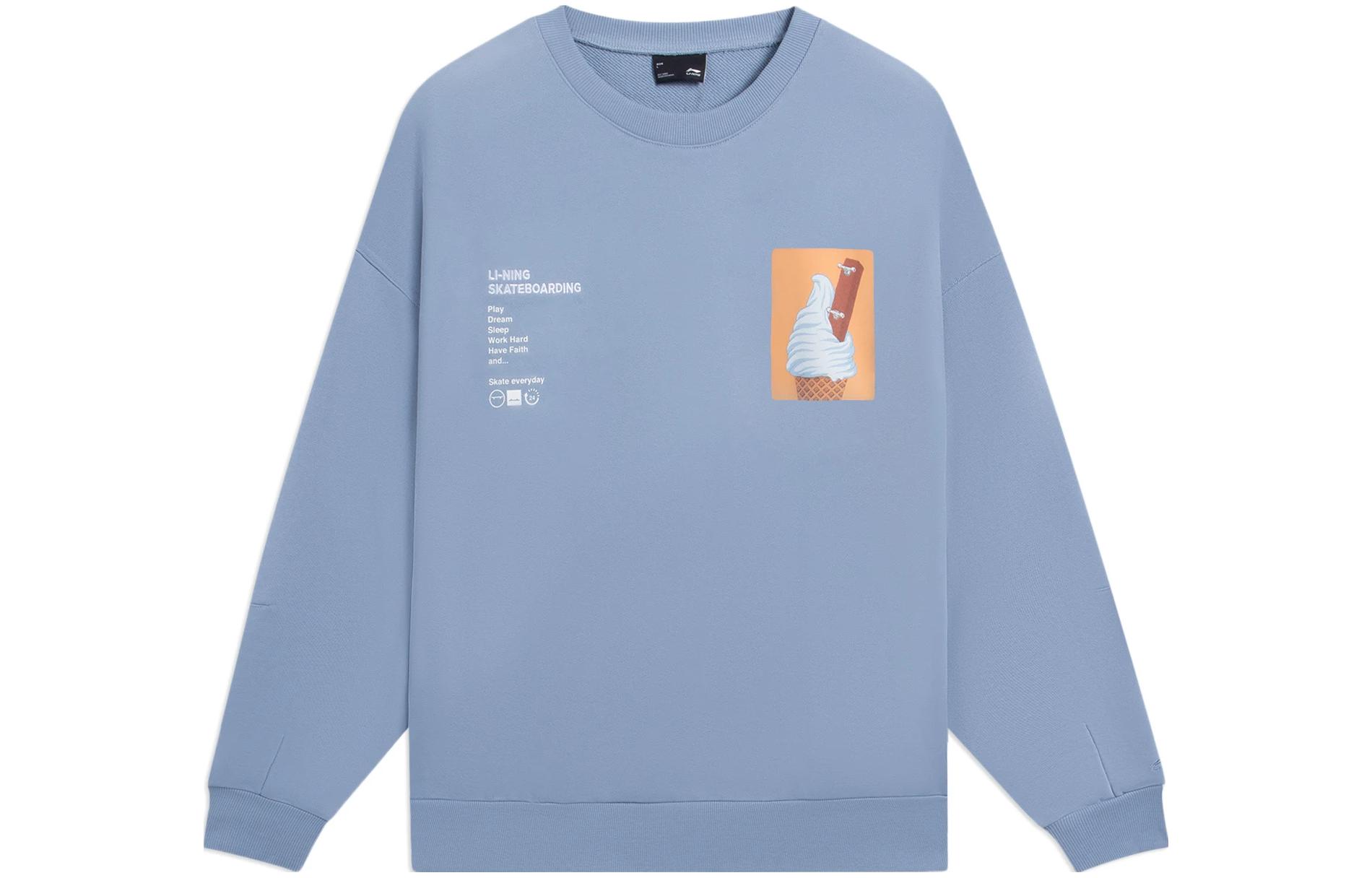 Li-Ning Logo Print Crewneck Pullover Sweatshirt Gray Blue Unisex Casual Fit AWDS911-1