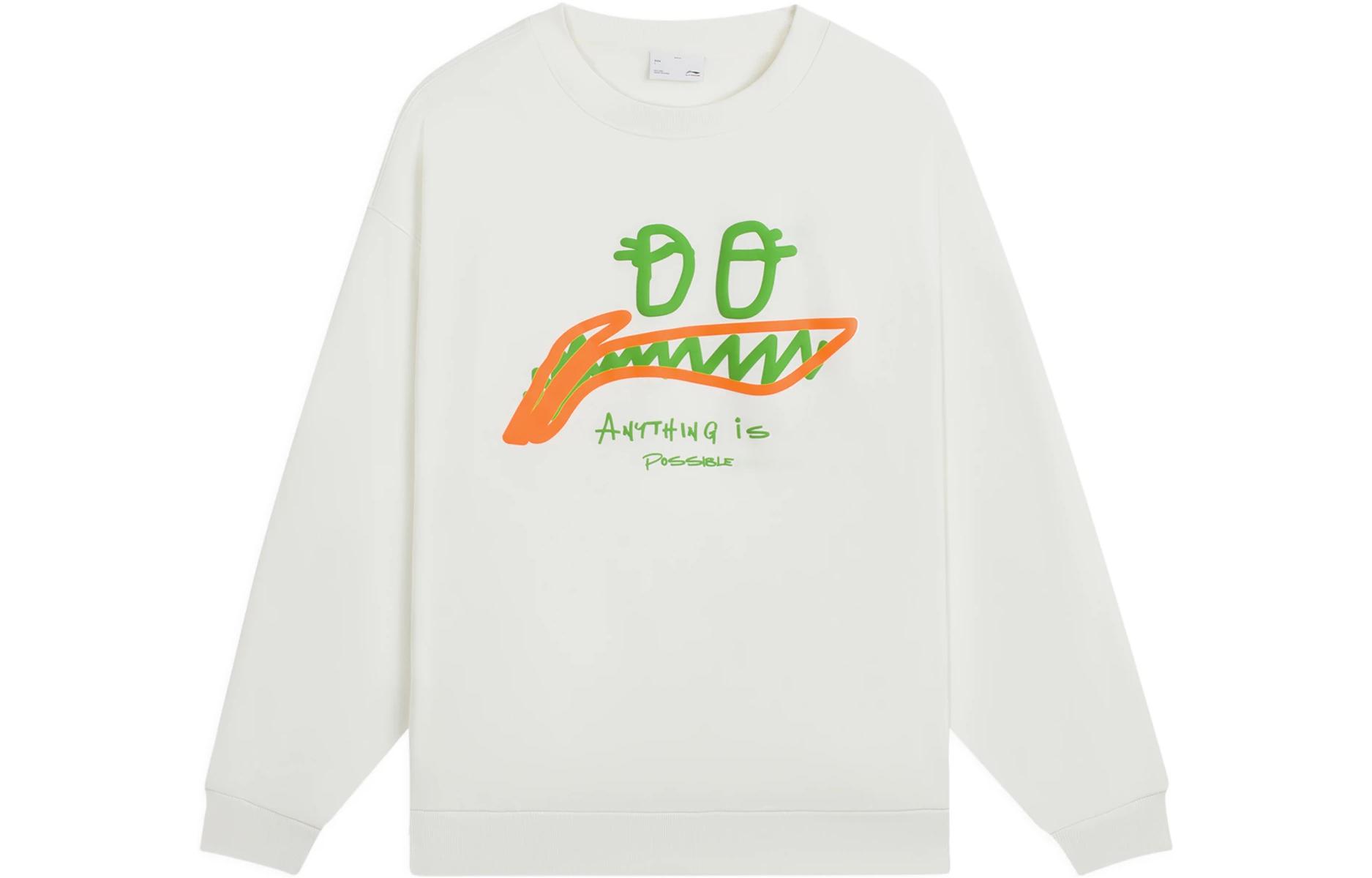 Li-Ning Logo Print Fleece Pullover Crewneck Sweatshirt Off-White Unisex AWDSG91-1