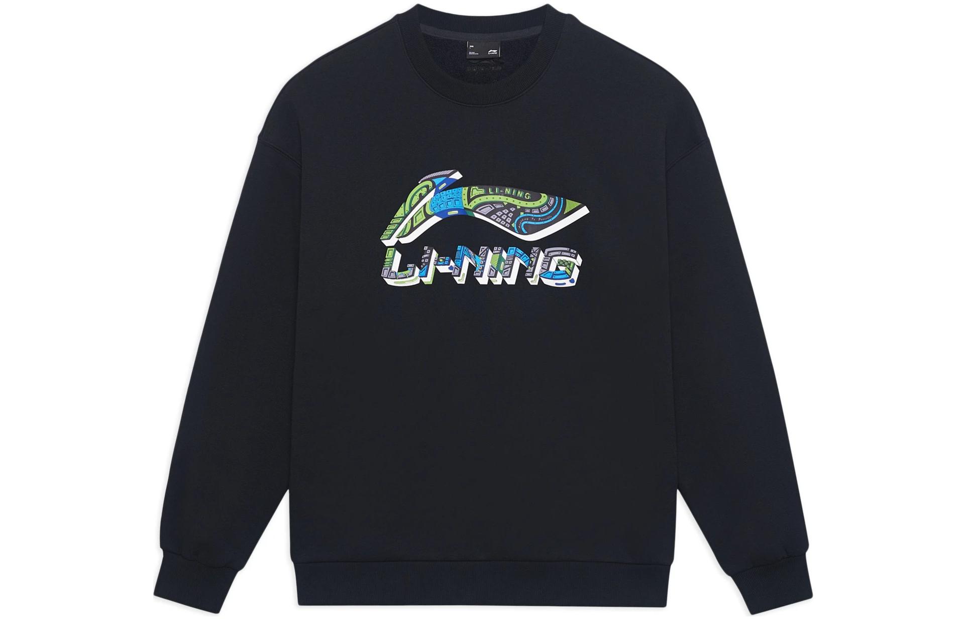 Li-Ning Logo Print Fleece Pullover Crewneck Sweatshirt Unisex Black AWDSI59-2
