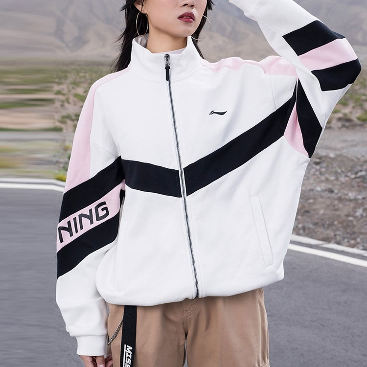 Shop 李寧Logo運動時尚系列高領抓毛外套男女款 - 米白色 AWDRE29-1