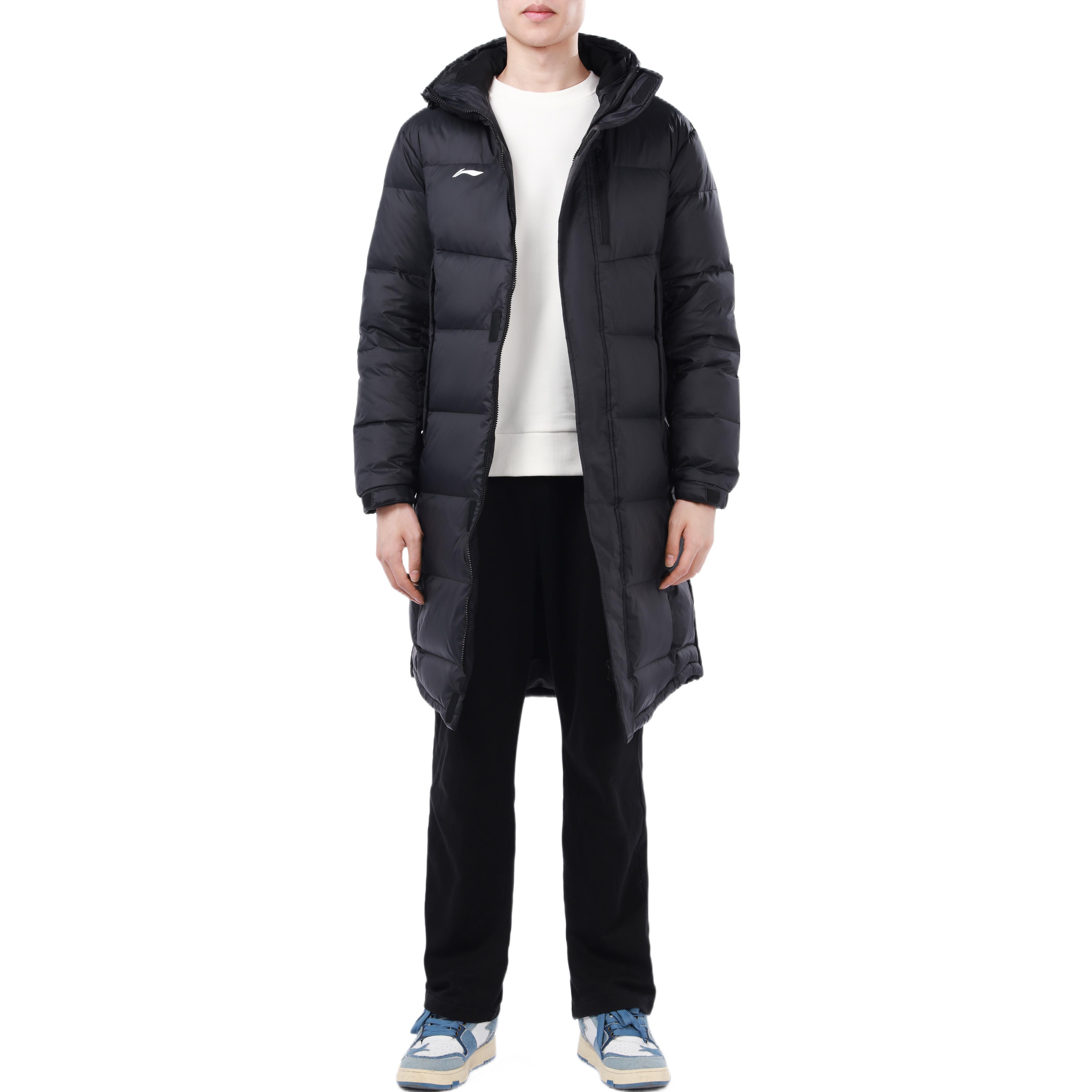 Shop Li-Ning Long Hooded Jacket with Back Logo Print Unisex - Black AYMS005-1