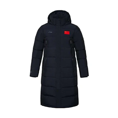 Li-Ning National Flag Embroidered Long Hooded Down Jacket Unisex Black. aymt267-1