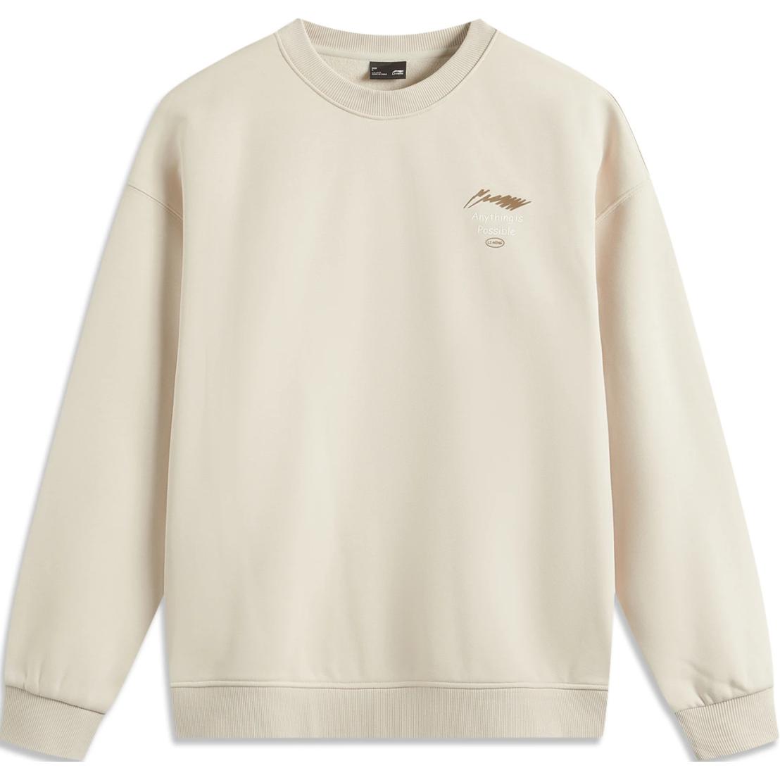 Li-Ning Oatmeal Gray Fleece Logo Crewneck Sweatshirt Unisex Casual Sportswear AWDU981-10