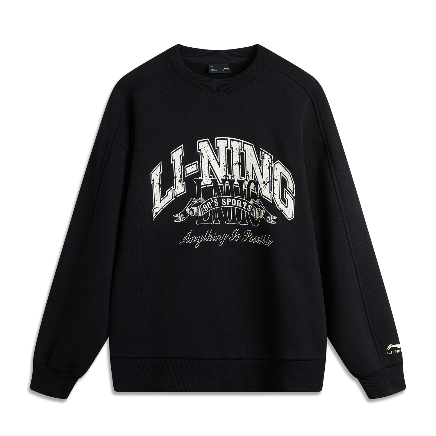 Li-Ning Retro Letter Print Fleece Pullover Sweatshirt Unisex Black AWDU979-4