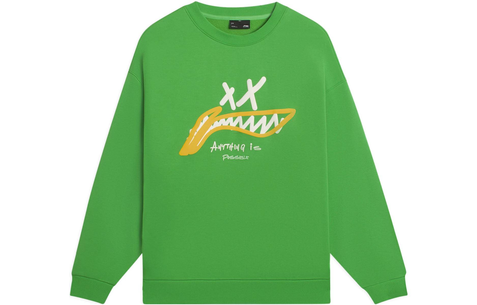 Li-Ning Sport Fashion Logo Print Green Pullover Sweatshirt Unisex Couple Style AWDSG91-3