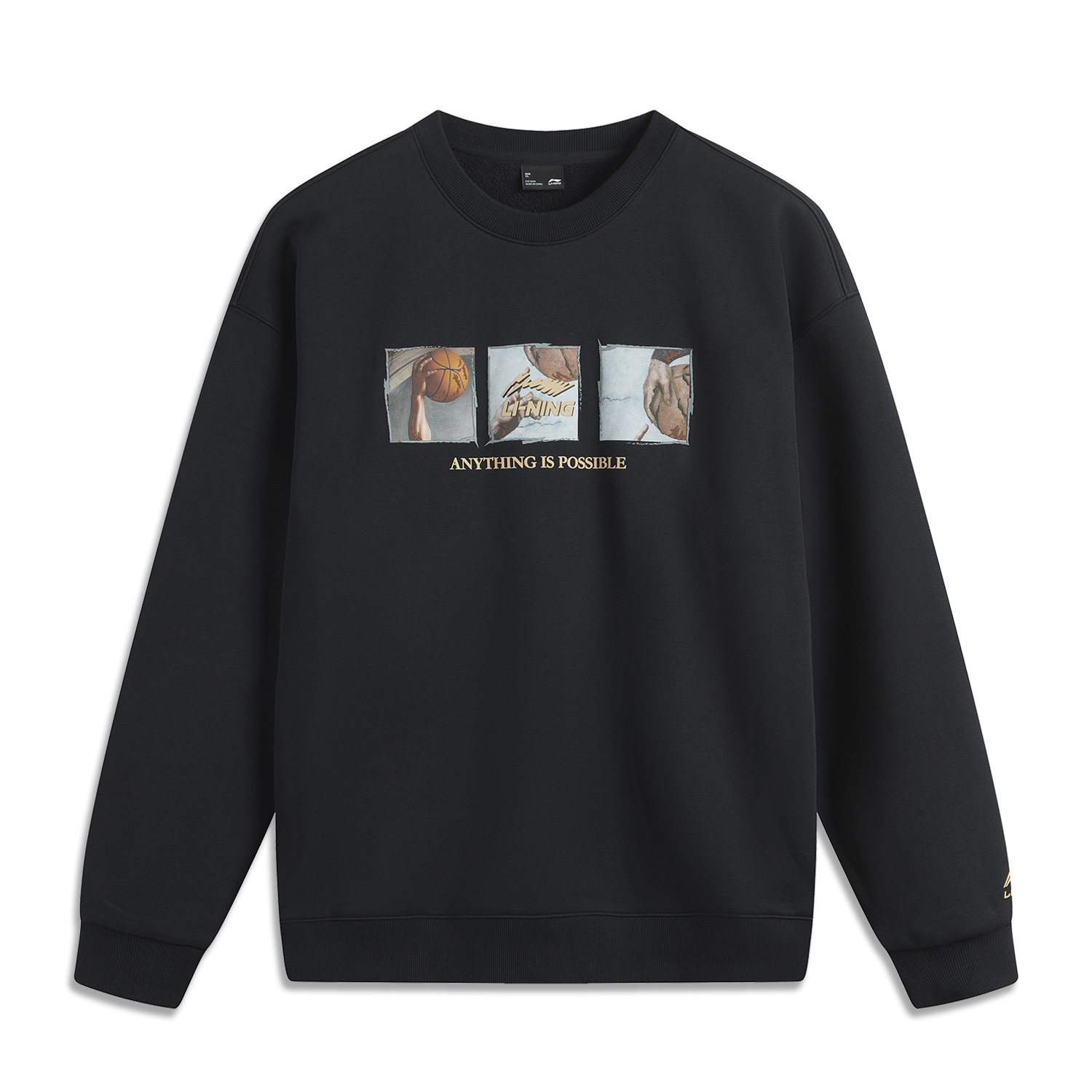 Li-Ning Sport Fashion Printed Letter Crewneck Fleece Sweatshirt Unisex Black AWDUC91-2