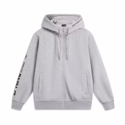 Li-Ning Sports Fashion Hoodie Unisex Letter Logo Fleece Zip-Up - Light Grey AWDTB39-4