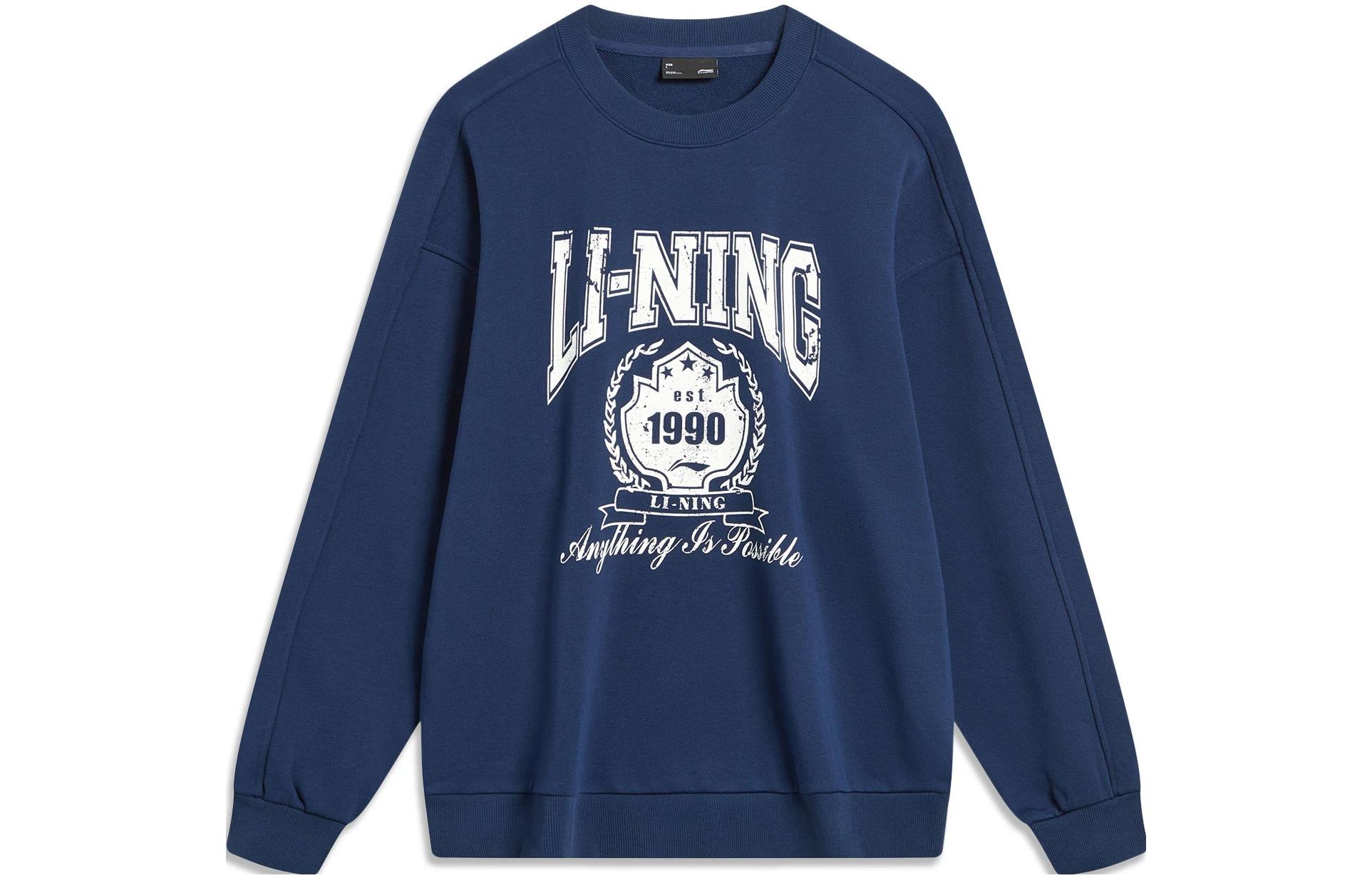 Li-Ning Sports Fashion Letter Print Crewneck Sweatshirt Unisex Navy Blue AWDTB59-3
