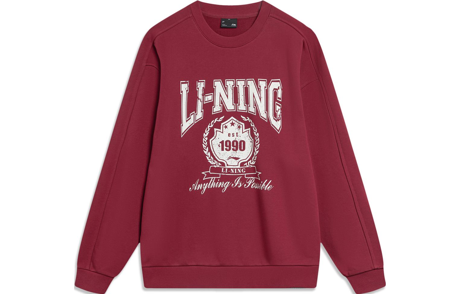 Li-Ning Sports Fashion Letter Print Red Pullover Crewneck Sweatshirt Unisex AWDTB59-9