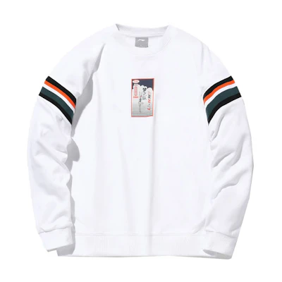 Li-Ning Sports Fashion Stripe Print Loose Pullover Crewneck Sweatshirt White Mens AWDQ517-1