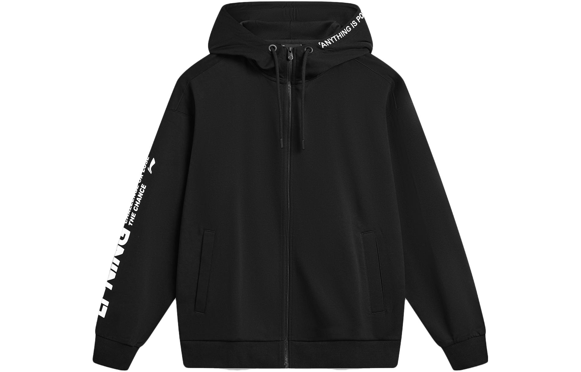 Li-Ning Sports Hoodie Unisex Black Early Autumn Cotton Blend Zip-Up Jacket AWDU921-1