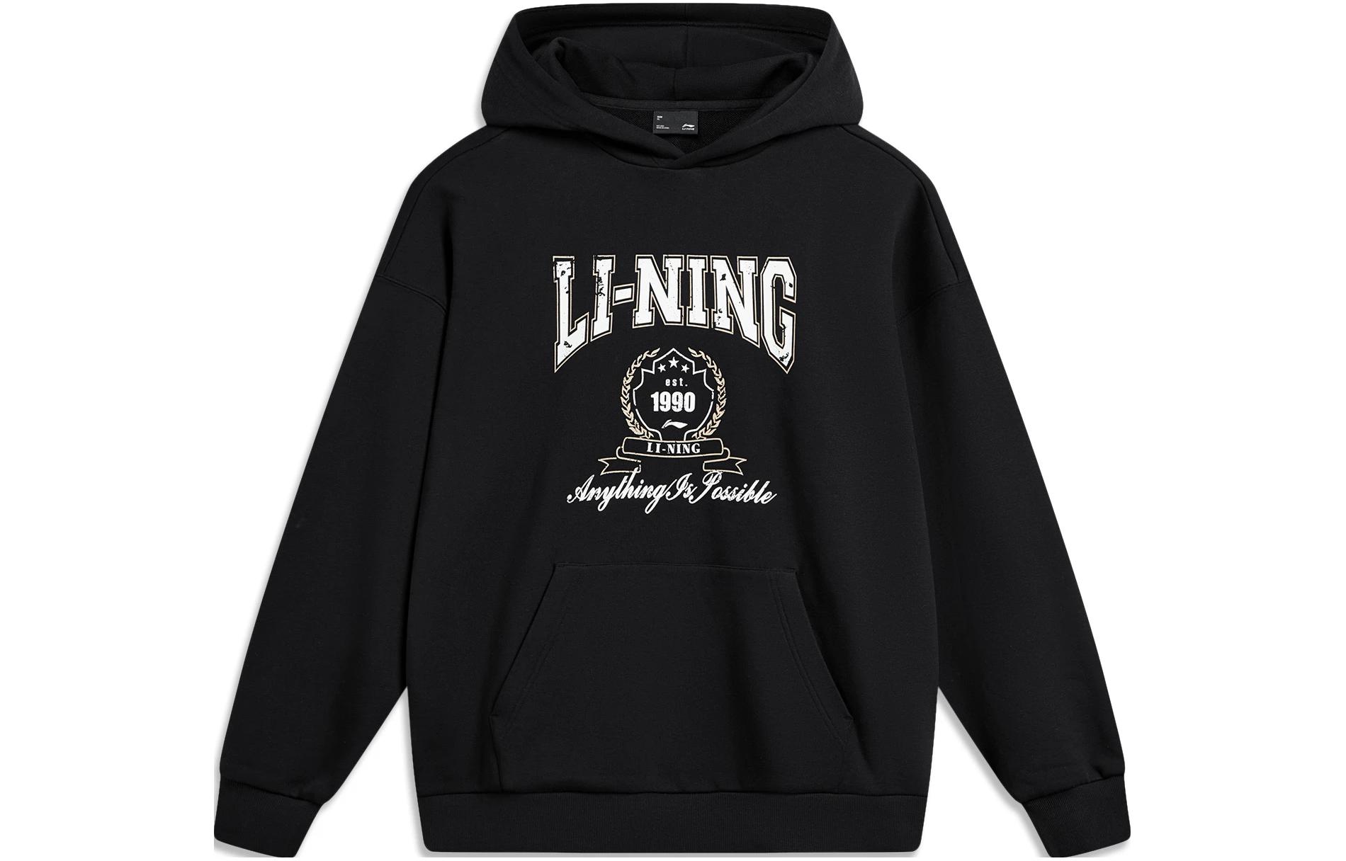Li-Ning Sports Lifestyle Hoodie Black Unisex Logo Print Pullover AWDTB43-1