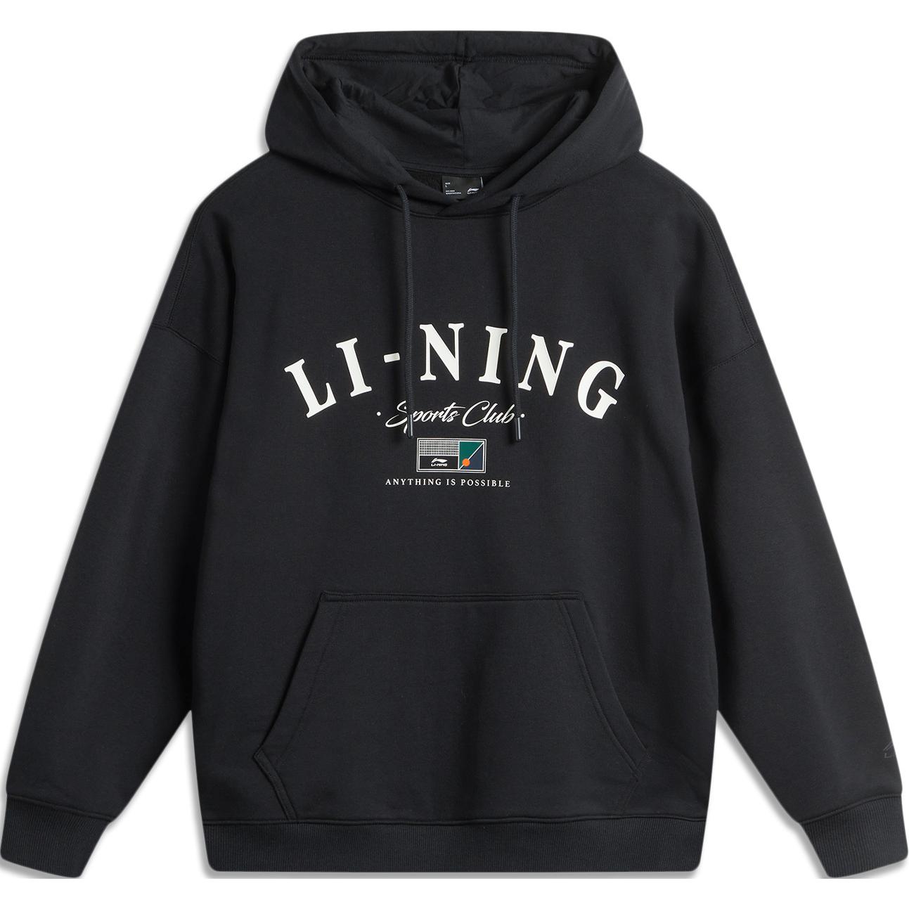 Li-Ning Sportswear Retro Letter Oversized Hoodie Black-Unisex Pullover Fleece AWDU673-3