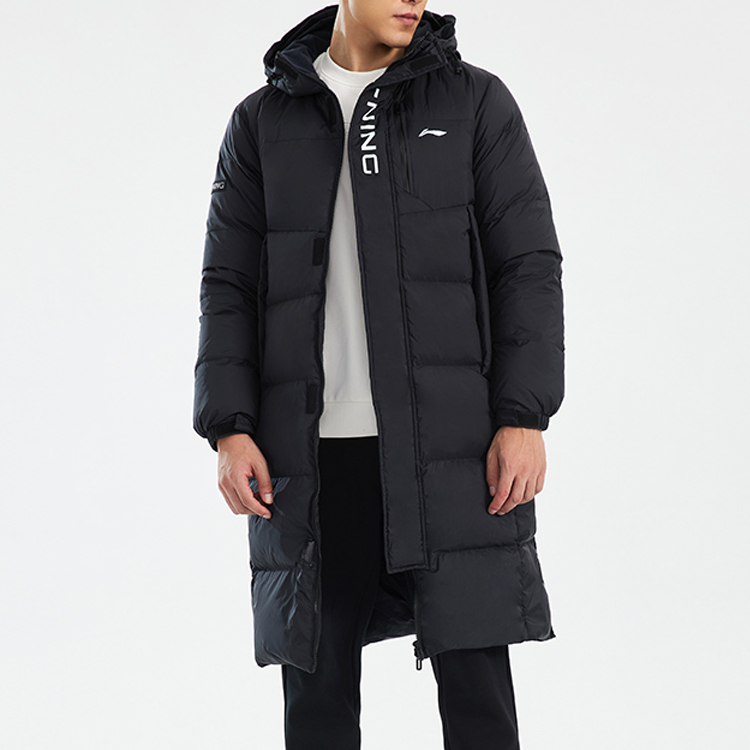 Shop 李宁训练系列中长款连帽羽绒服黑色男士冬季款 AYMR149-1