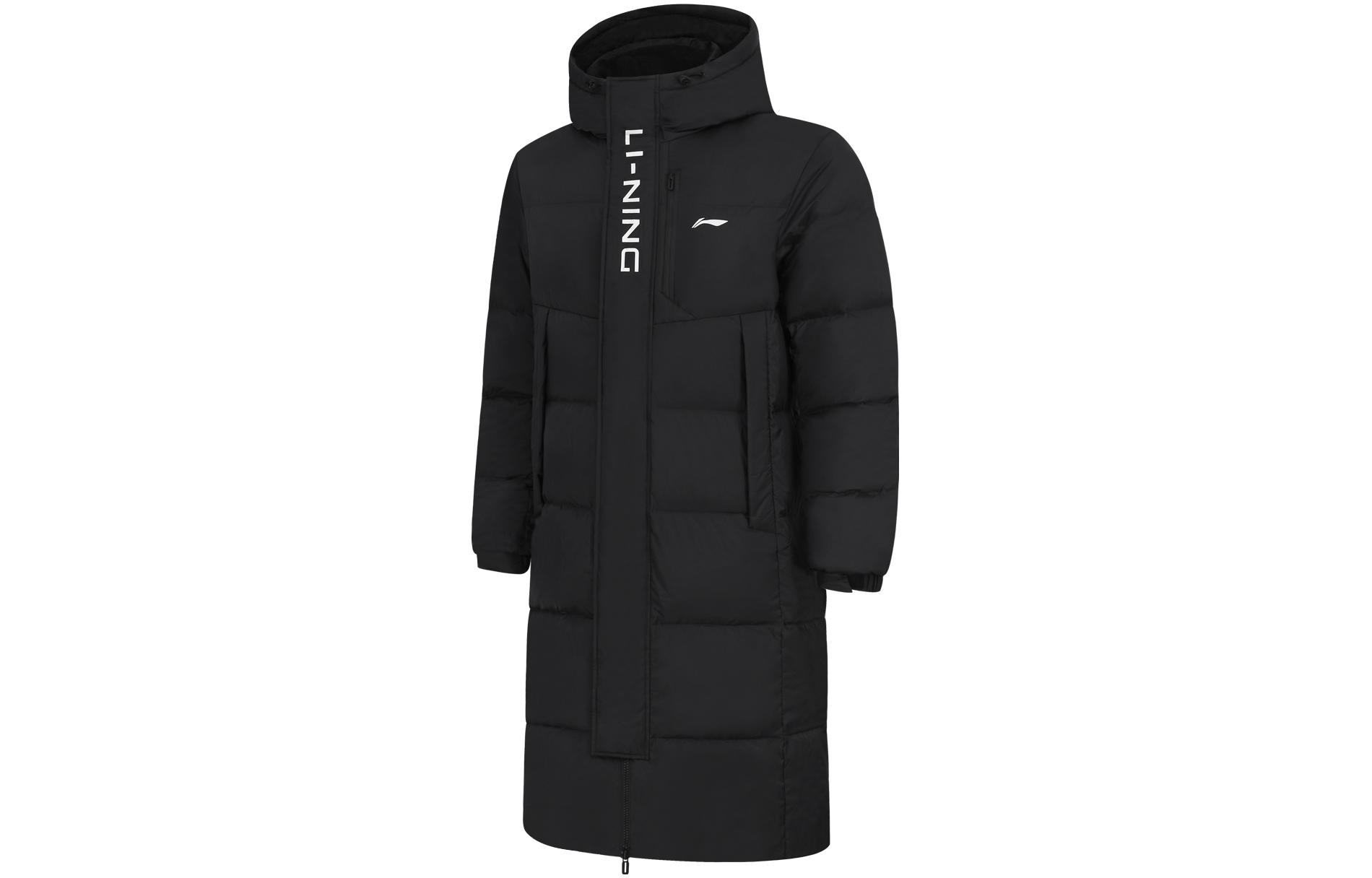 Li-Ning Unisex Long Thick Hooded Puffer Jacket Black with Letter Print. AYMT413-1