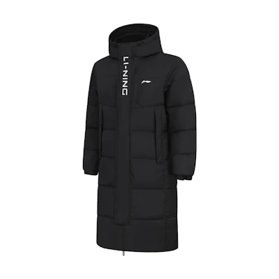 Li-Ning Unisex Long Thick Hooded Puffer Jacket Black with Letter Print. AYMT413-1