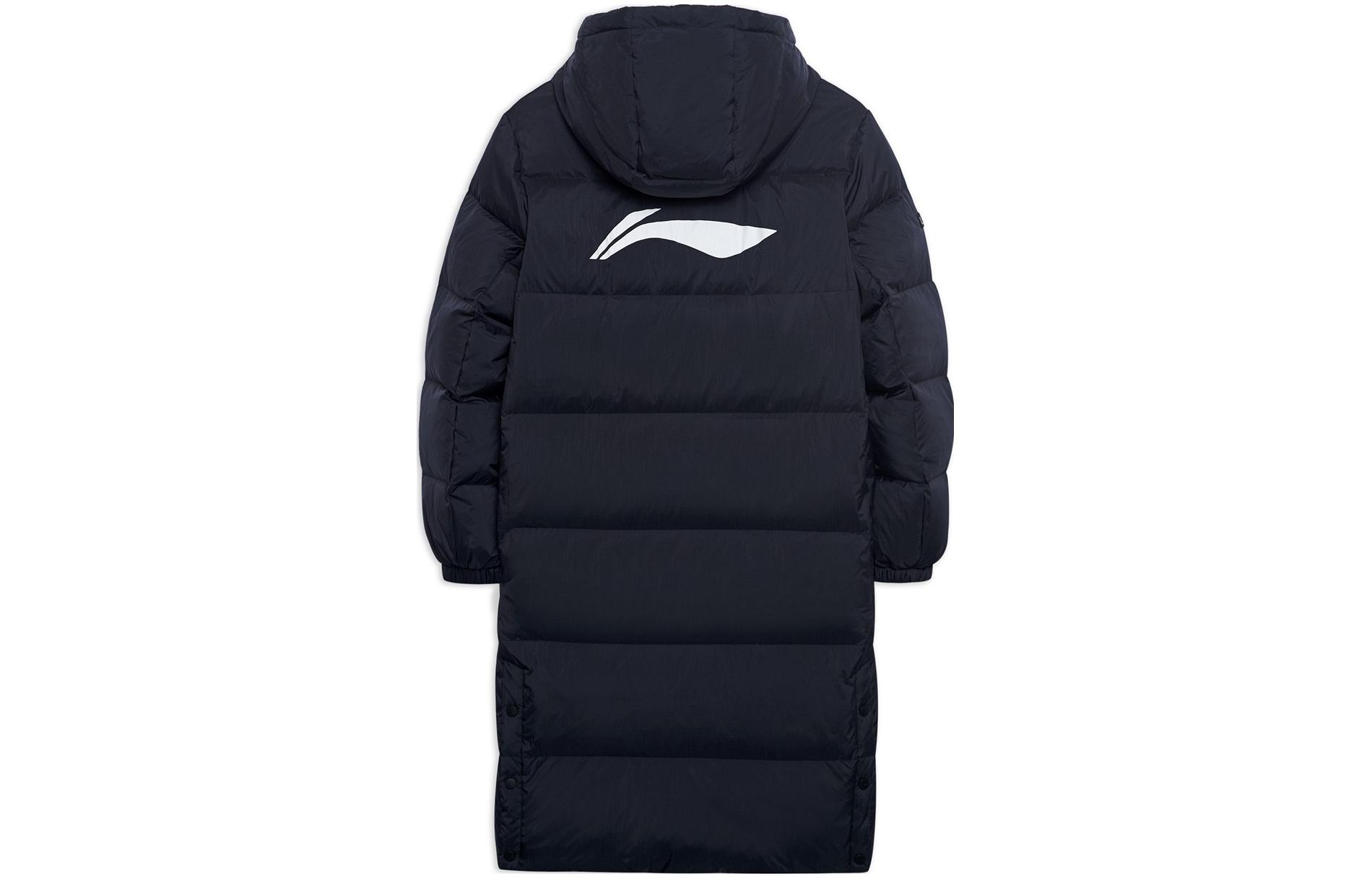 Lookbook 리닝 남녀공용 블랙 후드 롱 패딩 자켓 레터 프린트. AYMT413-1