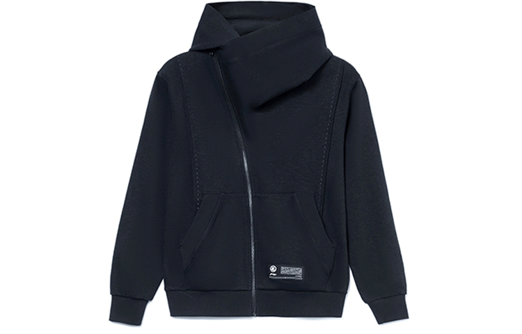 Li-Ning Unisex Loose Fit Black Pullover Hoodie with Asymmetric Zipper Design AWDRA19-2
