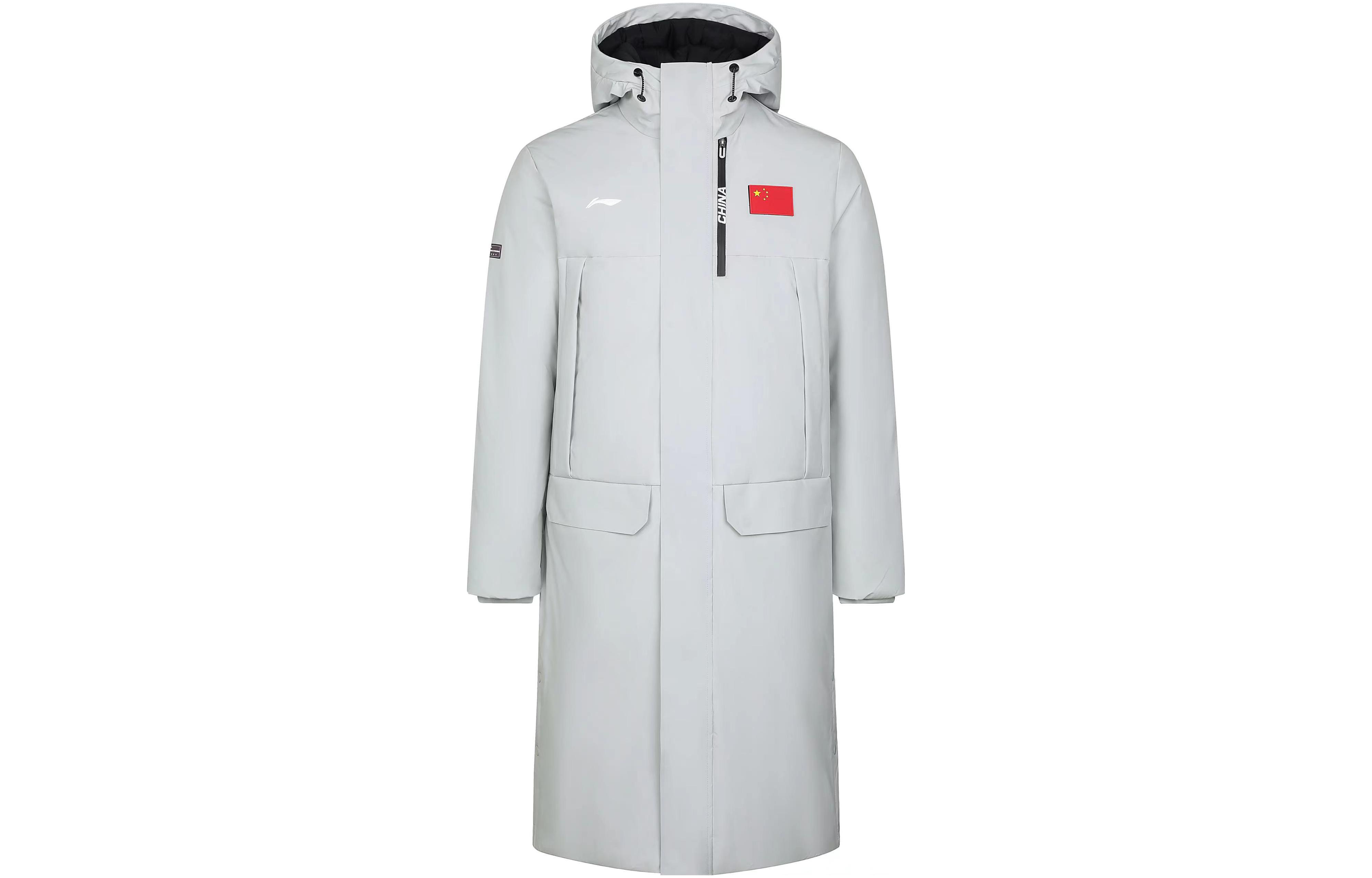 Li-Ning Unisex White Hooded Puffer Jacket with Logo Design. AYMS007-3