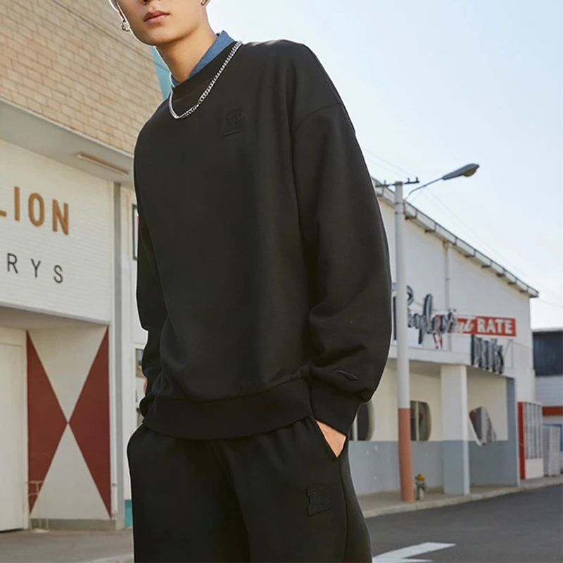 Cheap Li-Ning Warm Fleece Pullover Sweatshirt and Pants Set Unisex Black AWER020-1