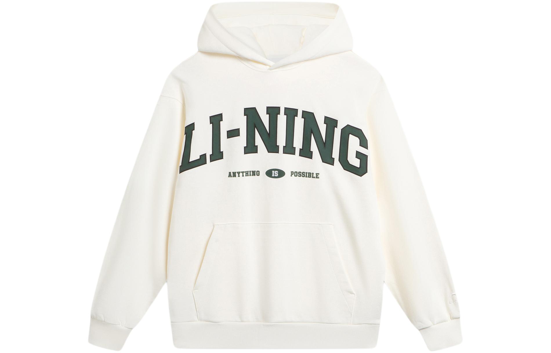 Li-Ning Weekend Youth Embroidered Hoodie Unisex Off-White Long Sleeve Pullover AWDU781-7