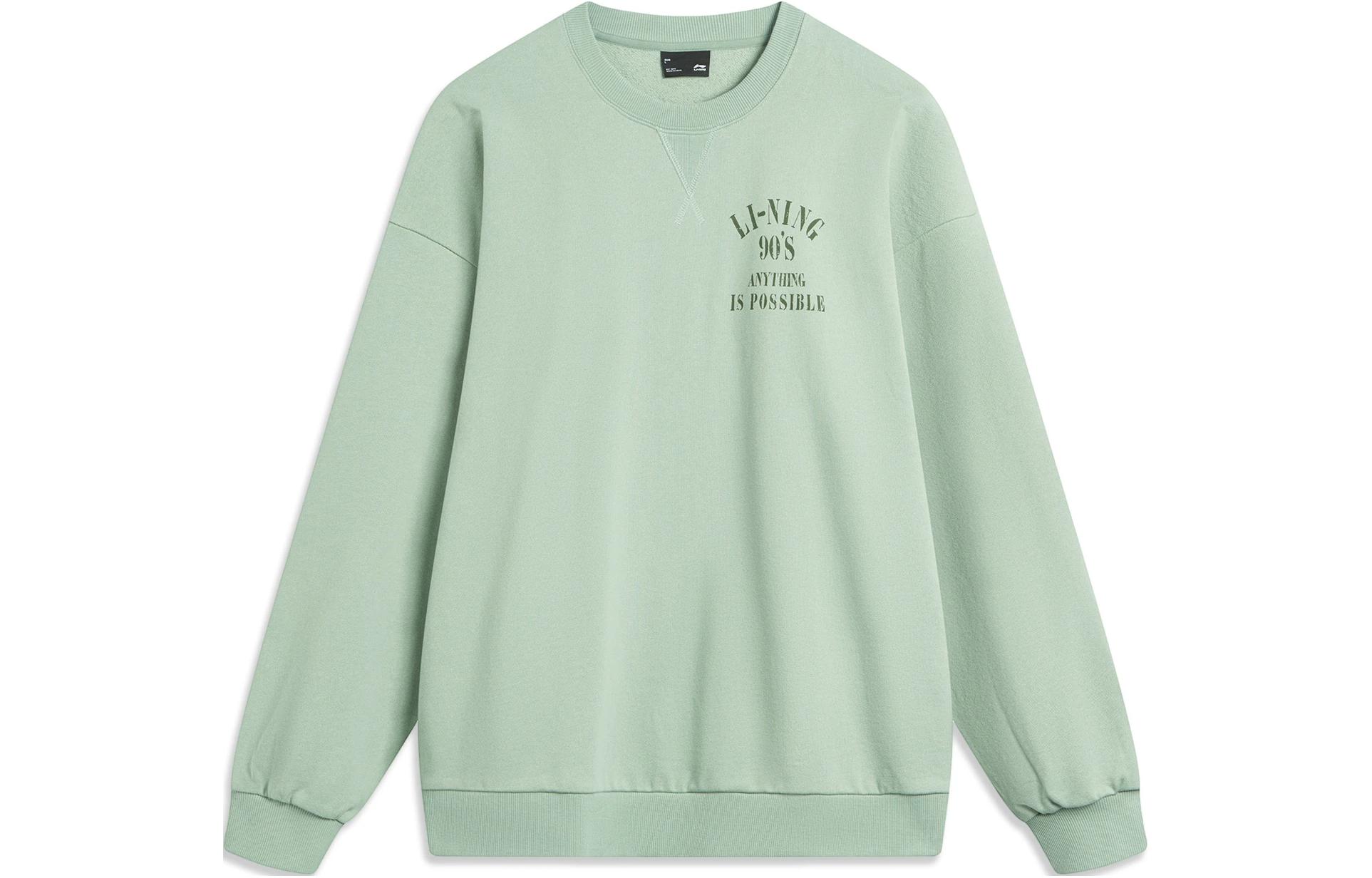 Li-Ning Weekend Youth Letter Print Crewneck Sweatshirt Jade Green Unisex Casual Fit AWDU797-2