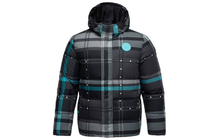 Li-Ning Winter Down Jacket with Hood, Black Grey All-Over Print AYMQ237-2