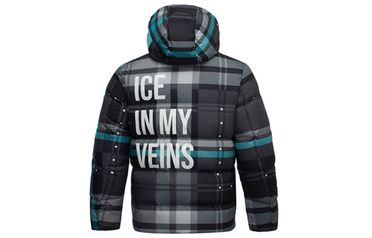 Lookbook 리닝 후드 겨울 다운 재킷, 블랙 그레이 올오버 프린트 AYMQ237-2