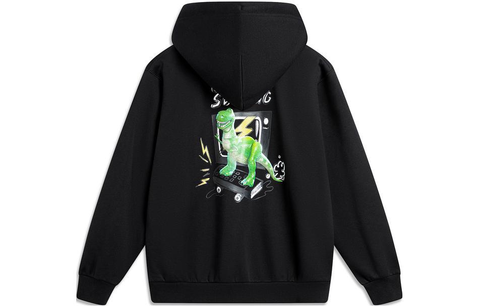 Li-Ning Disney Huggable Dino Unisex Hoodie Black - Cartoon Print Fleece Pullover AWDU501-1