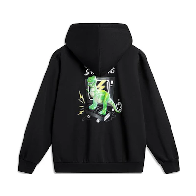 Li-Ning Disney Huggable Dino Unisex Hoodie Black - Cartoon Print Fleece Pullover AWDU501-1