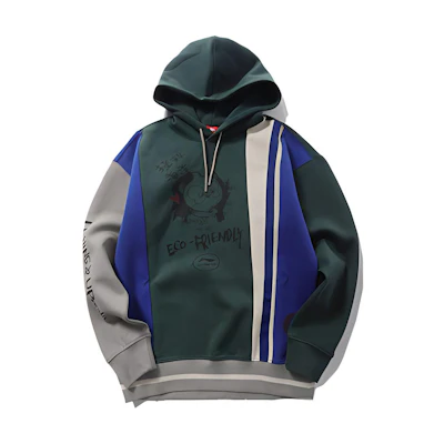 Li-Ning Panda Collab Patchwork Loose Pullover Hoodie Dark Green AWDPD45-1
