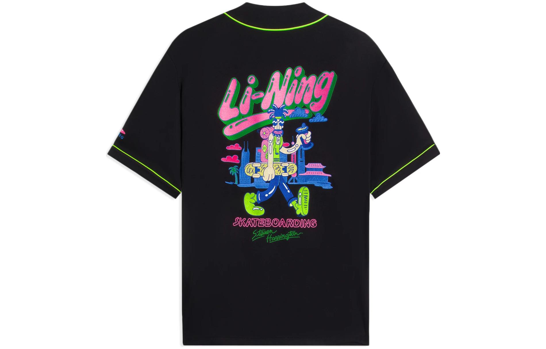 Lookbook Li-Ning x Steven Harrington Black Cartoon Embroidered Short-Sleeve Jacket AFDSC23-1