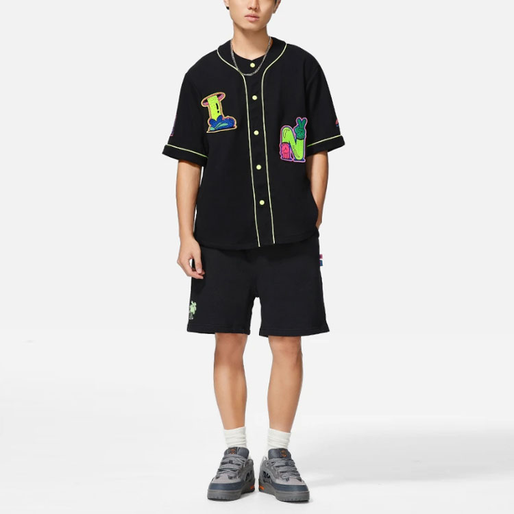 Shop Li-Ning x Steven Harrington Black Cartoon Embroidered Short-Sleeve Jacket AFDSC23-1