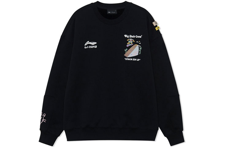 Li-Ning Steven Harrington Cartoon Print Fleece Pullover Sweatshirt Black Unisex AWDRF81-3