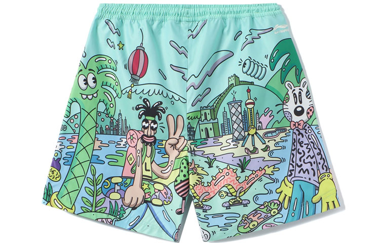 Lookbook Li-Ning x Steven Harrington Seluar Pendek Kartun Hijau Skate Gaya Kasual. AKSR735-1