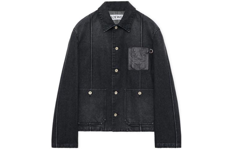 Order LOEWE Jaket Kasual Hitam dengan Logo Patch dan Rekaan Single-Breasted. H526Y50W09-8946