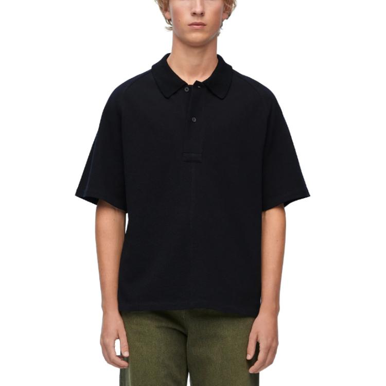 Shop ロエベ ブラック 無地 ルーズフィット ボタン ストレート 半袖 ポロシャツ H526Y23X43-1100