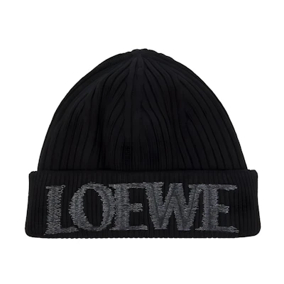 LOEWE Wool Beanie with Logo Accent in Black. F540257X23