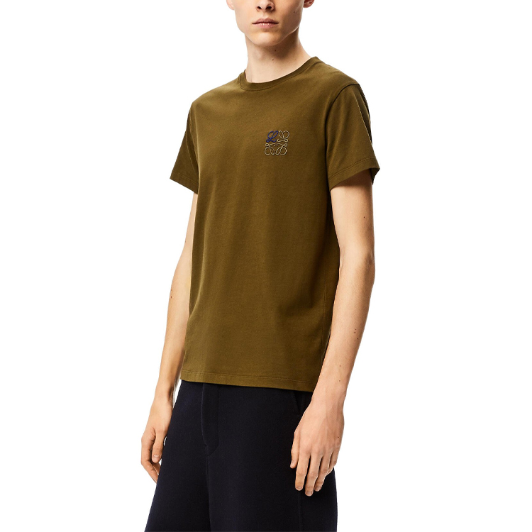 Shop LOEWE Anagram 綠色刺繡棉質男士圓領T恤 H526341XAI-4160