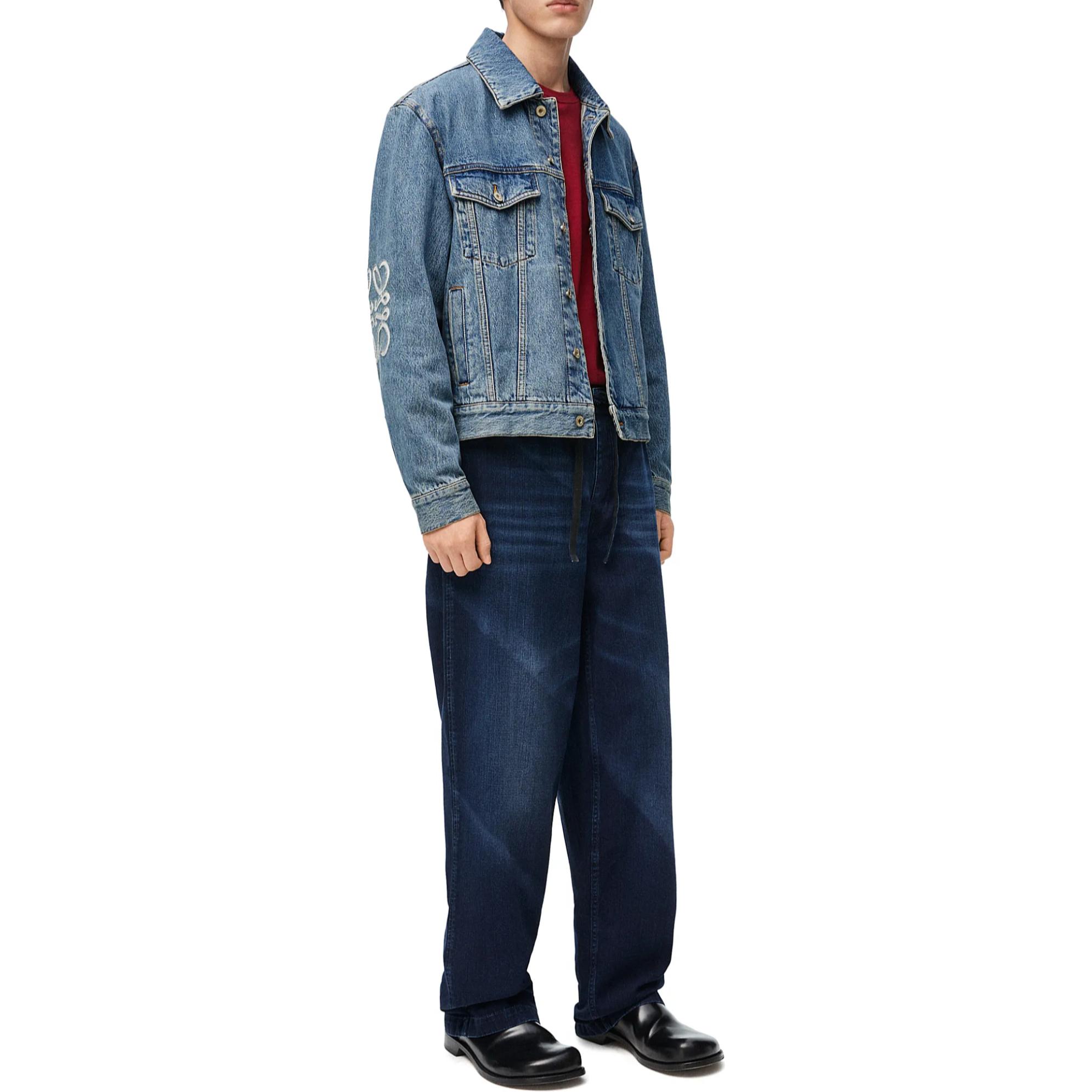 Lookbook 로에베 아나그램 FW24 로고 컷아웃 데님 재킷 남성 미드 블루 긴팔 H526Y50W25-5475