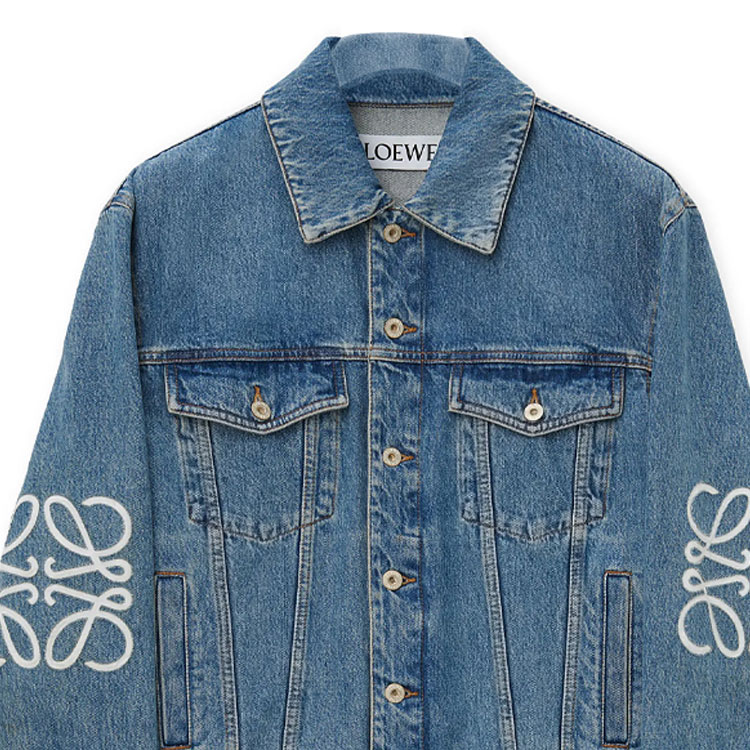 Sizing 로에베 아나그램 FW24 로고 컷아웃 데님 재킷 남성 미드 블루 긴팔 H526Y50W25-5475