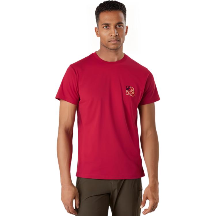 Sizing LOEWE Anagram标志印花红色棉质圆领短袖T恤。 H526341XAI-7100