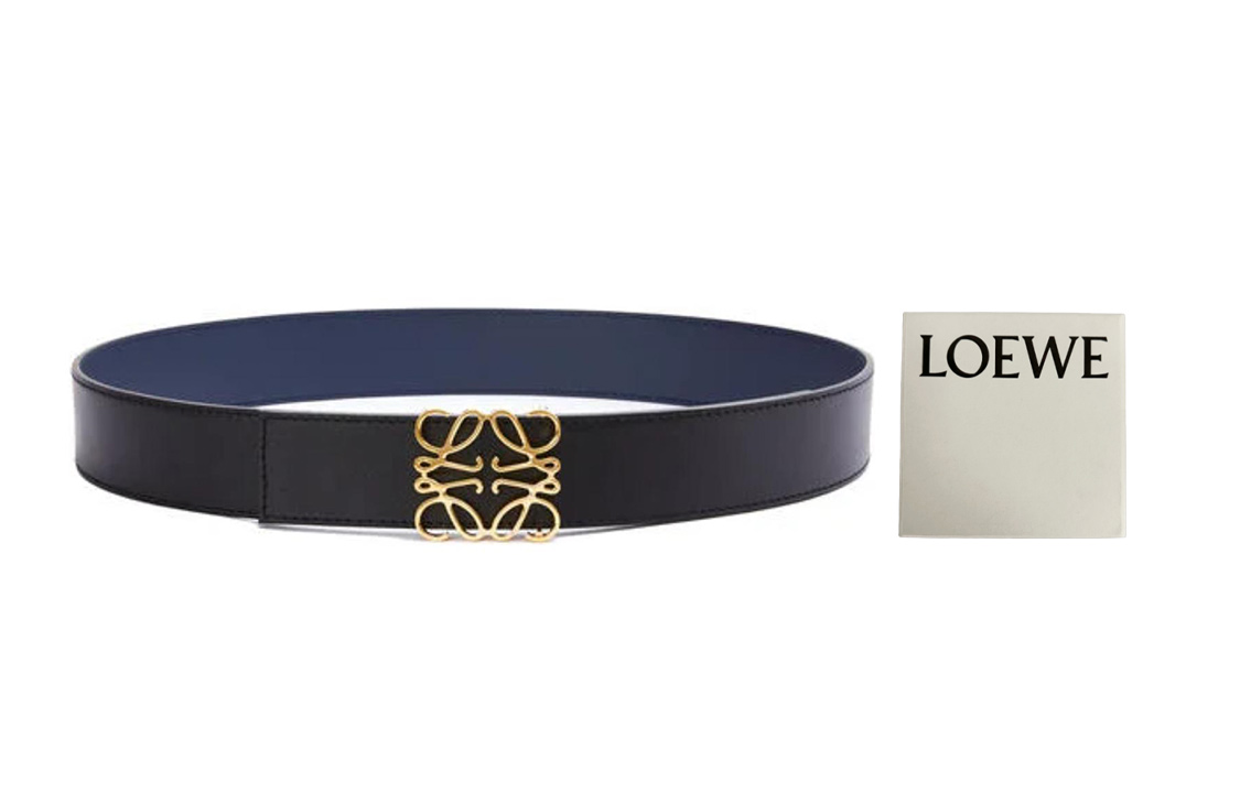 Shop LOEWE Anagram Smooth Leather Belt  Black Blue Gold 4cm Wide. 51501010-5533